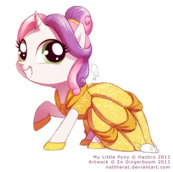 Size: 500x498 | Tagged: safe, artist:nattherat, sweetie belle, g4, alternate hairstyle, beauty and the beast, belle, clothes, cute, diasweetes, disney, disney princess, dress, female, grin, looking at you, namesake, pun, raised hoof, smiling, solo, squee, visual pun