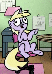 Size: 337x478 | Tagged: safe, artist:fimflamfilosophy, dinky hooves, pony, g4, animated, calendar, chair, cute, dinkabetes, dinkysharkfighter32, drawing, female, filly, i have done nothing productive all day, lamp, locomotive, office chair, open mouth, parody, solo, spinning, table, train, vlog
