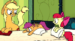 Size: 400x221 | Tagged: safe, artist:fimflamfilosophy, apple bloom, applejack, scootaloo, fanfic:bittersweet, rainbow dash presents, g4, angry, animated, bed, computer, female, laptop computer, pillow, scootabuse, tail, tail slap, tail wag, tail whip