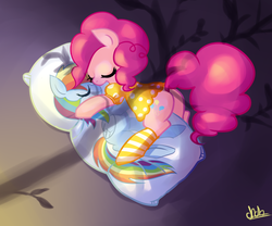 Size: 900x750 | Tagged: safe, artist:chch, pinkie pie, rainbow dash, g4, body pillow, butt, clothes, cuddling, female, lesbian, nightgown, plot, ship:pinkiedash, shipping, sleeping, snuggling, socks