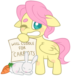 Size: 500x538 | Tagged: safe, artist:legalese, angel bunny, fluttershy, pegasus, pony, rabbit, g4, adorascotch, animal, beanbrows, blush sticker, blushing, butterscotch, carrot, chibi, cute, eyebrows, eyes closed, floppy ears, food, gritted teeth, one eye closed, rule 63, rule63betes, sign, simple background, solo, teeth, thick eyebrows, transparent background