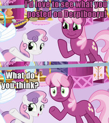 Size: 1280x1440 | Tagged: safe, cheerilee, sweetie belle, derpibooru, g4, caption, comic, meta, text, why