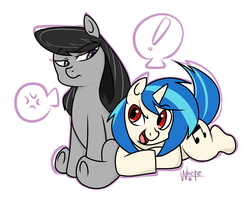 Size: 1700x1500 | Tagged: safe, artist:wherewolfs, dj pon-3, octavia melody, vinyl scratch, g4, cutie mark, long mane, looking at each other, octavia is not amused, open mouth, prone, raised eyebrow, red eyes, simple background, sitting, unamused, white background