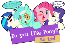 Size: 1284x886 | Tagged: safe, artist:wherewolfs, dj pon-3, lyra heartstrings, pinkie pie, rarity, vinyl scratch, g4, banner, blushing, dialogue, glasses, heart, one eye closed, open mouth, red eyes, simple background, text, transparent background