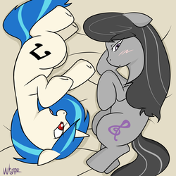 Size: 2000x2000 | Tagged: safe, artist:wherewolfs, dj pon-3, octavia melody, vinyl scratch, earth pony, pony, unicorn, g4, bed, blushing, cutie mark, duo, female, lesbian, lidded eyes, long mane, looking at each other, lying, mare, on side, open mouth, ship:scratchtavia, shipping