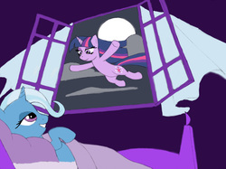 Size: 4532x3388 | Tagged: safe, artist:theblackemperor, trixie, twilight sparkle, g4, bed, bedroom eyes, duo, eye contact, female, flying, grin, lesbian, male, moon, on back, ship:twixie, shipping, smiling, the simpsons, window