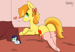 Size: 5000x3500 | Tagged: safe, artist:verminshy, braeburn, soarin', earth pony, pony, g4, bed, bow, braebutt, butt, crossdressing, hair bow, heart, implied soarburn, looking at you, looking back, looking back at you, male, pillow, plot, plushie, smiling, smiling at you, socks, solo, stallion, stupid sexy braeburn