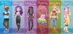 Size: 1242x585 | Tagged: safe, artist:leoniexli, applejack, fluttershy, pinkie pie, rainbow dash, rarity, twilight sparkle, human, g4, blue eyes, book, boots, clothes, confident, cowboy boots, cowboy hat, cowboy vest, cowgirl, dark skin, denim, eyes closed, female, flower, freckles, glasses, gym shorts, hat, high heels, human coloration, humanized, jeans, leggings, mane six, measuring tape, multicolored hair, pants, pantyhose, pink eyes, pink hair, ponytail, purple hair, sandals, shirt, shoes, short hair, short hair rainbow dash, shorts, side slit, skirt, smiling, sneakers, socks, t-shirt, tube skirt, vest, wand