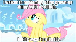 Size: 962x542 | Tagged: safe, screencap, fluttershy, pony, g4, adultery, caption, cloud, cute, female, filly, filly fluttershy, floppy ears, frown, image macro, infidelity, sad, sitting, solo, younger