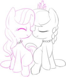Size: 1176x1375 | Tagged: safe, artist:mactavish1996, artist:mcsadat, diamond tiara, silver spoon, earth pony, pony, g4, accessory swap, boop, butt to butt, butt touch, cute, diamondbetes, eyes closed, female, filly, jewelry, limited palette, missing accessory, necklace, nose to nose, noseboop, nuzzling, partial color, silverbetes, simple background, sitting, sketch, smiling, white background