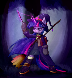 Size: 1400x1500 | Tagged: safe, artist:senx, twilight sparkle, g4, book, broom, clothes, female, hat, solo, wand, witch, witch hat