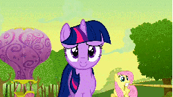 Size: 853x479 | Tagged: safe, screencap, fluttershy, twilight sparkle, g4, the return of harmony, animated, female, looking at you, magic, mouth hold, rope