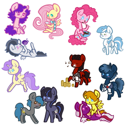 Size: 1100x1100 | Tagged: safe, artist:otterlore, alula, fluttershy, pinkie pie, pluto, princess erroria, rumble, star hunter, oc, alicorn, pony, g4, alicorn oc, bowl, chibi, clothes, coin, cute, hot chocolate, jack harkness, request, scarf, spoon, vest, yarn