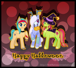 Size: 900x800 | Tagged: safe, artist:churobu, oc, oc only, pegasus, pony, werewolf, abstract background, antlers, cape, choker, clothes, costume, hair over one eye, halloween, happy halloween, hat, mouth hold, one eye closed, pegasus oc, pumpkin bucket, unshorn fetlocks, wings, wink, witch, witch hat