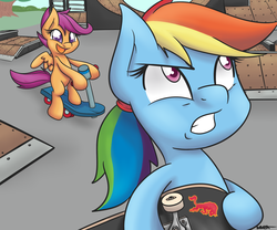 Size: 2700x2250 | Tagged: safe, artist:wiggabuysomeapples, rainbow dash, scootaloo, g4, low ponytail, ponytail, rainbow dash is not amused, red bull, scooter, skate park, skateboard