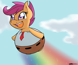 Size: 2700x2250 | Tagged: safe, artist:wiggabuysomeapples, scootaloo, pegasus, pony, g4, clothes, female, filly, foal, happy, pants, parody, scootaloo can fly, solo, spongebob squarepants, the sponge who could fly