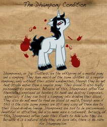 Size: 821x972 | Tagged: safe, artist:the-clockwork-crow, oc, oc only, undead, vampire, vampony, blood, dhampir, text