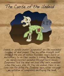 Size: 821x972 | Tagged: safe, artist:the-clockwork-crow, undead, zombie, zombie pony, broken horn, gravestone, horn, solo, text