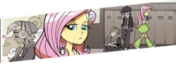 Size: 504x192 | Tagged: safe, idw, official comic, fluttershy, normal norman, thunderbass, wiz kid, equestria girls, g4, my little pony annual 2013, spoiler:comic, background human, bag, comic, crouching, hand in pocket, headphones, walking