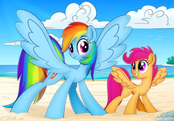 Size: 1123x780 | Tagged: safe, artist:ctb-36, rainbow dash, scootaloo, g4, beach