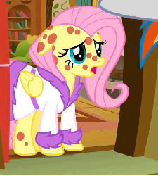 Size: 500x554 | Tagged: safe, screencap, fluttershy, rainbow dash, pony, g4, hurricane fluttershy, animated, bathrobe, clothes, cropped, cute, female, fluttershy's cottage, mare, pony pox, robe, shyabetes, solo focus