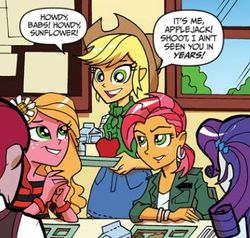 Size: 363x345 | Tagged: safe, idw, official comic, applejack, babs seed, rarity, sunflower (g4), human, equestria girls, g4, spoiler:comic, spoiler:comicannual2013, apple, female, food, older, older babs seed