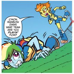 Size: 345x348 | Tagged: safe, idw, rainbow dash, spitfire, equestria girls, g4, spoiler:annual2013, football, out of context, wondercolts