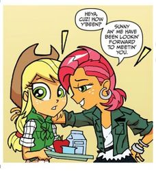 Size: 325x357 | Tagged: safe, idw, official comic, applejack, babs seed, equestria girls, g4, spoiler:annual2013, spoiler:comic, older, out of context
