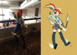 Size: 504x360 | Tagged: safe, artist:didj, artist:prosforcons, rainbow dash, human, my little mages, g4, archer, archer dash, archery, arrow, bow (weapon), bow and arrow, clothes, comparison, cosplay, costume, defictionalization, irl, irl human, photo, recreation, solo, weapon