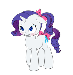 Size: 700x719 | Tagged: safe, artist:carnifex, artist:pia-sama, rarity, pony, unicorn, g4, alternate hairstyle, blushing, bow, cute, female, filly, filly rarity, floppy ears, hair bow, looking at you, ponytail, raribetes, shy, simple background, smiling, solo, standing, tail bow, white background, younger