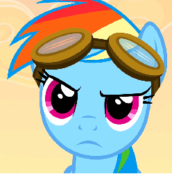 Size: 691x695 | Tagged: safe, screencap, rainbow dash, g4, animated, female, frown, goggles, looking at you, solo, vibrating