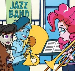 Size: 335x315 | Tagged: safe, idw, official comic, octavia melody, pinkie pie, equestria girls, g4, spoiler:annual2013, spoiler:comic, cello, flynta quartz, musical instrument, sousaphone, trombone, trumpet