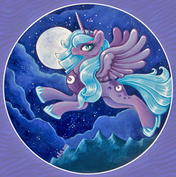 Size: 697x700 | Tagged: safe, artist:krumm33, princess luna, g4, female, flying, moon, night, solo, traditional art