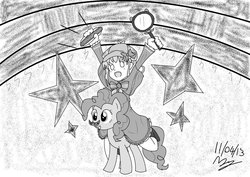 Size: 1024x723 | Tagged: safe, artist:drtsundere, pinkie pie, g4, detective, japanese, magnifying glass, monochrome, moustache, sherlock shellingford, suzuko mimori, tantei opera milky holmes, voice actor joke