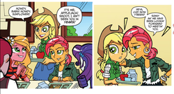 Size: 701x382 | Tagged: safe, artist:tony fleecs, idw, official comic, applejack, babs seed, rarity, sunflower (g4), equestria girls, g4, spoiler:comic, spoiler:comicannual2013, flower, older