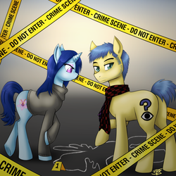 Size: 2200x2200 | Tagged: safe, artist:jitterbugjive, earth pony, pony, unicorn, chalk outline, crime scene, detective, duo, elementary, joan watson, ponified, sherlock holmes