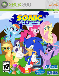 Size: 738x951 | Tagged: safe, artist:snicket324, applejack, fluttershy, pinkie pie, rainbow dash, rarity, twilight sparkle, alicorn, pony, g4, box art, chaos emerald, chaos in equestria, crossover, esrb, female, game cover, hasbro, male, mane six, mare, not this shit again, rp rating, sega, sonic team, sonic the hedgehog, sonic the hedgehog (series), twilight sparkle (alicorn), video game, xbox 360