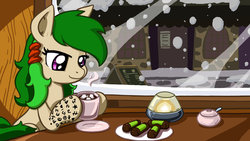 Size: 1191x670 | Tagged: safe, artist:latecustomer, oc, oc only, oc:öde, earth pony, pony, cafe, chocolate, pastry, punsch roll, rune text, solo, tattoo, winter