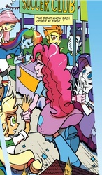 Size: 296x506 | Tagged: safe, idw, official comic, applejack, fluttershy, pinkie pie, rainbow dash, rarity, soarin', spitfire, equestria girls, g4, spoiler:comic, balloon, boots, bracelet, clothes, high heel boots, jewelry, skirt