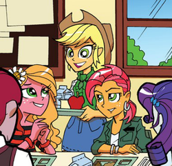 Size: 344x331 | Tagged: safe, idw, official comic, applejack, babs seed, rarity, sunflower (g4), equestria girls, g4, spoiler:comic