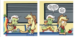 Size: 581x279 | Tagged: safe, artist:tony fleecs, idw, official comic, applejack, granny smith, rainbow dash, equestria girls, g4, spoiler:comic, spoiler:comicannual2013, female, grandmother and grandchild, grandmother and granddaughter, lunchlady smith