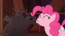 Size: 500x281 | Tagged: safe, artist:petitange1, pinkie pie, gargoyle, g4, crack shipping, crossover shipping, disney, female, hugo, imminent kissing, kissy face, male, straight, the hunchback of notre dame, vector, wat