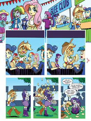 Size: 598x798 | Tagged: safe, idw, official comic, applejack, bluechord, bon bon, coral dye, fluttershy, hot head (g4), purple basil, rainbow dash, rarity, regular randy, spacebright, sweetie drops, trixie, vibrant violet, equestria girls, g4, spoiler:comic, spoiler:comicannual2013, background human, cap, comic, hat, hot head, idw advertisement, preview, unnamed character, unnamed human