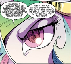 Size: 451x403 | Tagged: safe, idw, official comic, princess celestia, sunset shimmer, pony, g4, spoiler:comic, spoiler:comicannual2013, eye, eye reflection, female, glare, reflection, solo