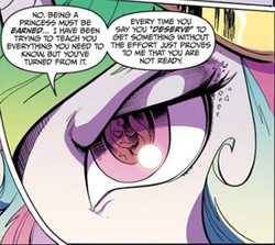 Size: 451x403 | Tagged: safe, idw, official comic, princess celestia, sunset shimmer, pony, g4, my little pony annual 2013, spoiler:comic, eye, eye reflection, female, glare, reflection, solo