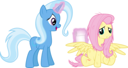 Size: 16480x8736 | Tagged: safe, artist:rainbownspeedash, fluttershy, trixie, pegasus, pony, unicorn, g4, absurd resolution, bandage, duo, duo female, female, injured, levitation, magic, mare, simple background, telekinesis, transparent background