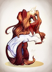 Size: 1282x1766 | Tagged: safe, artist:locksto, oc, oc only, oc:wormhole, classical unicorn, pony, unicorn, clothes, female, glasses, horn, lab coat, leonine tail, magic, mare, ponytail, solo, unshorn fetlocks