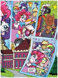 Size: 598x798 | Tagged: safe, idw, official comic, applejack, fluttershy, photo finish, pinkie pie, rainbow dash, rarity, equestria girls, g4, spoiler:comic, cap, comic, hat