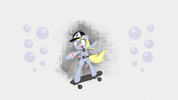 Size: 1920x1080 | Tagged: safe, artist:boumce, derpy hooves, pony, g4, bipedal, female, happy, hat, skateboard, solo