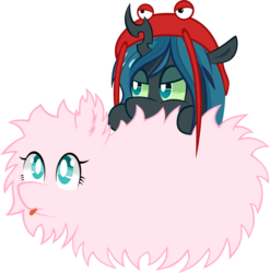 Size: 1001x1013 | Tagged: safe, artist:azurainalis, queen chrysalis, oc, oc:fluffle puff, changeling, changeling queen, lobster, nymph, pony, g4, clothes, costume, cute, cutealis, duo, duo female, female, flufflebetes, ocbetes, simple background, tongue out, transparent background